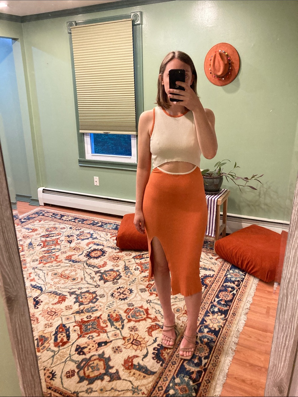 Amazon Cream and Rust Midi Cutout Dress with Thigh Slit